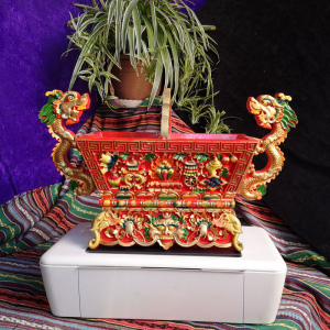 西藏雕刻手工彩绘吉祥八宝双龙五谷斗是个藏式餐厅摆件祈玛小号