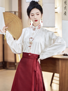 马面裙上衣搭配秋冬加绒新中式国风衬衣女款白色长袖对襟立领衬衫