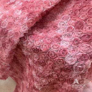 三合一粉色立体小玫瑰花网纱面料手工diy服装连衣裙刺绣蕾丝布料