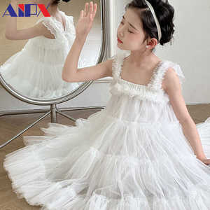 美国AIPX2024新款夏季重工白纱蝴蝶仙子连衣裙蓬蓬裙女童背带裙