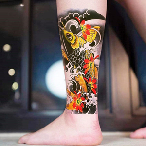 招财锦鲤防水纹身贴男女款持久仿真花臂小腿莲花大鲤鱼彩色刹车印