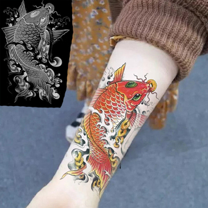 彩色招财大鲤鱼防水纹身贴花臂持久仿真小腿莲花锦鲤浪花财鱼贴纸