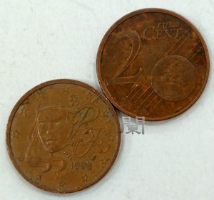 欧元收藏 法国2欧分硬币 两分铜镍币 欧盟国家钱币 euro