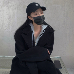 小八同学黑色大衣女中长款秋冬2020新款直筒假两件连帽韩版外