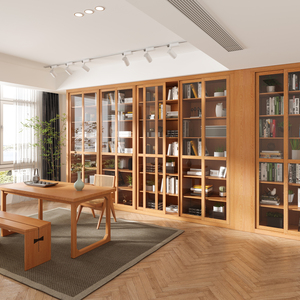 日式原木书架定制整墙满墙全实木书柜带玻璃推拉门樱桃木书房订做