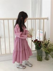 kikicat韩国童装2023春新品女童粉色碎花裙收腰连身裙长袖裙子