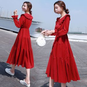春季新款长袖连衣裙韩版气质收腰显瘦雪纺连衣裙红色超仙娃娃领裙