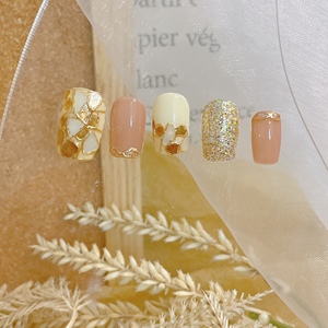 原创定制米白魔镜贝壳云母片宝石亮片显白气质穿戴美甲假指甲贴片