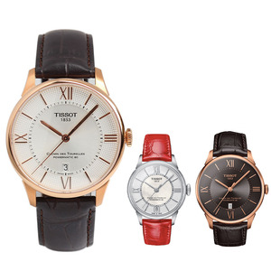 天梭tissot杜鲁尔系列休闲日历机械真皮带男表t099.407.36.038.00
