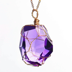 宝石戒面级金字塔天然原石紫水晶吊坠项链女款14k包金环绕 送证书