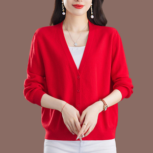 春秋新款V领针织开衫女短款宽松纯色羊毛外套大红色毛衣外穿上衣