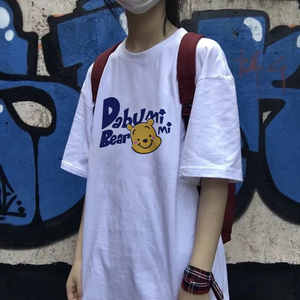 日系维尼熊短袖t恤女ins潮设计感小众卡通韩版宽松半袖纯棉上衣夏
