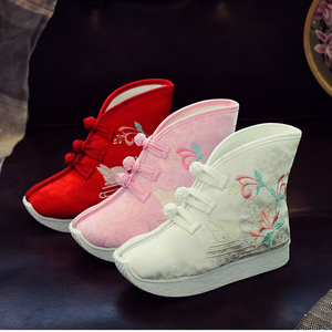 儿童高帮汉服鞋女童秋冬中国风盘扣表演鞋子增高底古装高跟绣花鞋