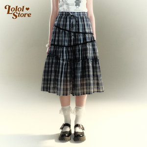 LOLOL ® 24SS白色格子蛋糕裙女夏季新款法式花边高腰a字半裙长裙
