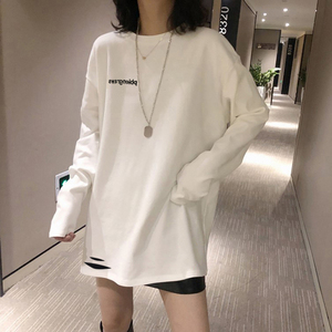 中长款t恤女长袖遮屁股纯棉春秋韩版宽松大白体破洞白色潮牌外穿