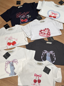 泰国小众设计师款 少女感樱桃蝴蝶结猫咪系列正肩修身短袖T恤