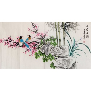 国画花鸟画成品梅兰竹菊三尺横幅纯手绘真迹画芯未裱小写意画装饰