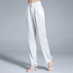 夏季新款重磅真丝缎面直筒休闲裤丝绸高腰显瘦通勤桑蚕丝哈伦裤女