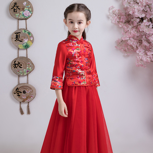 儿童旗袍冬花童中国风唐装宝宝小女孩公主裙女童婚纱礼服红色长袖