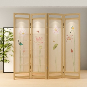 定制实木屏风双面半透明纱布画玄关隔断折叠可移动免漆原木色中式