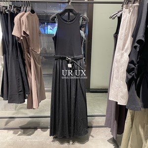 UR UX女装2023秋法式复古腰带显瘦黑色长款无袖连衣裙