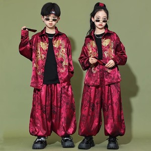 儿童演出服金色龙纹中国风嘻哈爵士舞表演服套装中国红国潮女童