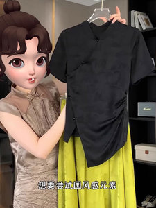 高级感黑色短袖t恤收腰女夏季2024新款新中式国风旗袍领短款上衣