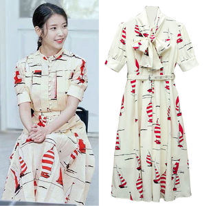 王健龙lucky淘宝iu李知恩同款衣服甜美泡泡袖收腰气质礼服连衣裙