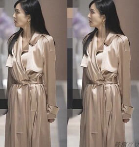 韩剧顶楼2千瑞珍金素妍同款香槟色缎面宽松气质中长款风衣外套女