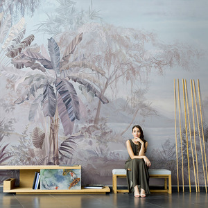 东南亚手绘芭蕉叶个性壁画电视背景墙壁纸客厅沙发无缝定制墙布