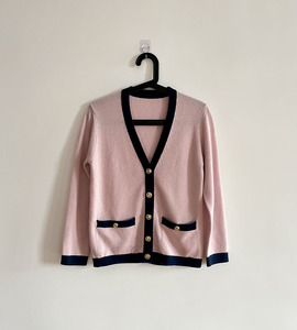 香奶奶风~100%羊绒女士开衫粉紫色精致小香风毛衣外套短款温柔V领