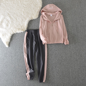 粉色休闲运动服套装女2024新款春秋大码跑步显瘦时髦外套两件套