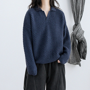 鱼岛主人秋冬编织系列牦牛绒羊毛混纺复古翻领宽松套口毛衣女2375