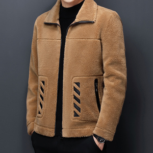 冬装加厚男士羊剪绒外套皮毛一体颗粒绒夹克男装翻领羊羔绒皮大衣