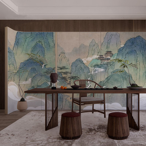 中式青绿山水松树仙鹤墙布壁纸卧室沙发客厅背景茶室定制无缝壁画