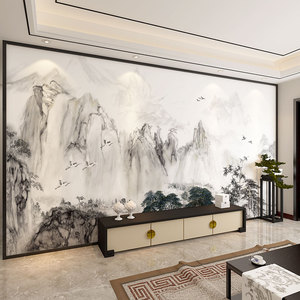 新中式电视背景墙壁纸现代水墨山水家装客厅卧室书房影视墙布壁画