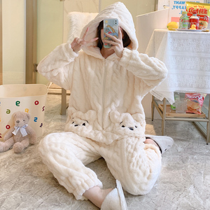 甜美卡通小熊连帽睡衣少女秋冬季加厚保暖珊瑚绒连体裤可爱家居服
