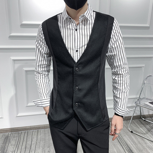 假两件男衬衫长袖韩版潮流帅气衬衣马甲网红春秋薄款痞帅休闲上衣