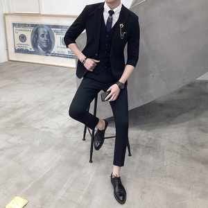 夏季七分袖西装九分裤套装男三件套英伦西服伴郎新郎帅气精神小伙