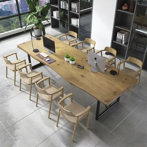 北欧实木会议桌简约长条办公原木桌设计师工作台复古整板大板泡茶