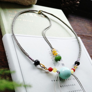 手工编织天珠蜜蜡绿松大圆珠桶珠横穿式锁骨短项链绳吊坠挂绳高档