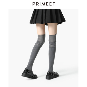 网红慵懒堆堆过膝袜黑色拼接袜子女春秋长腿高筒灰色长袜jk长筒袜