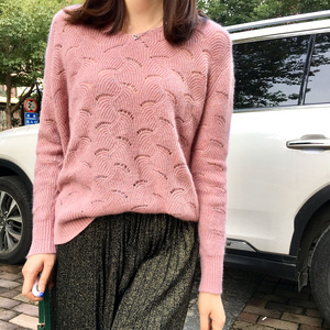 微透视 桃心v领镂空钩花夹闪亮丝线毛衣针织衫女宽松套头上衣秋冬