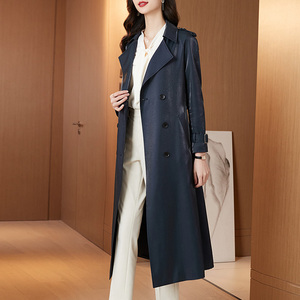 2022新款春季修身减龄藏蓝色风衣女中长款过膝高级感垂感春秋外套