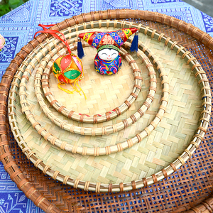 广西壮族簸箕竹编托盘米筛子 民族美食摆盘绘画圆竹筐装饰竹制品