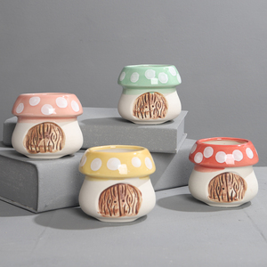 新品多肉植物创意盆陶瓷蘑菇盆素烧简约窑变釉手绘粗陶圆口小花盆