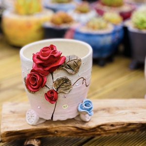 韩国雅菲尔12cm口径手工玫瑰贴花多肉植物花盆粗陶迎铁粉韩国直发