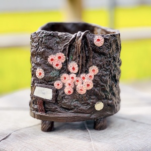 雨盆 古树与花的故事复古褐色树桩粉色贴花 纯手工多肉植物花盆