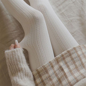 白丝袜冬季洛丽塔软妹萝莉袜子冬连脚裤袜女加厚奶白麻花保暖棉袜