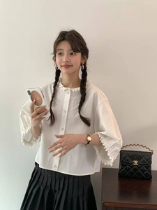 EGG 2024夏季新款 WUA韩国东大门代购 气质可爱白蕾丝短袖衬衫女